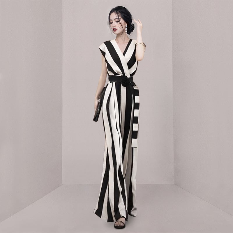 【set】話題沸騰中OL通勤Vネックストライプ柄人気オールインワンF5740