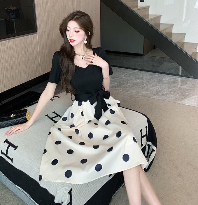 【dress】大人可愛い夏Vネック切り替えドット柄ワンピースF5794