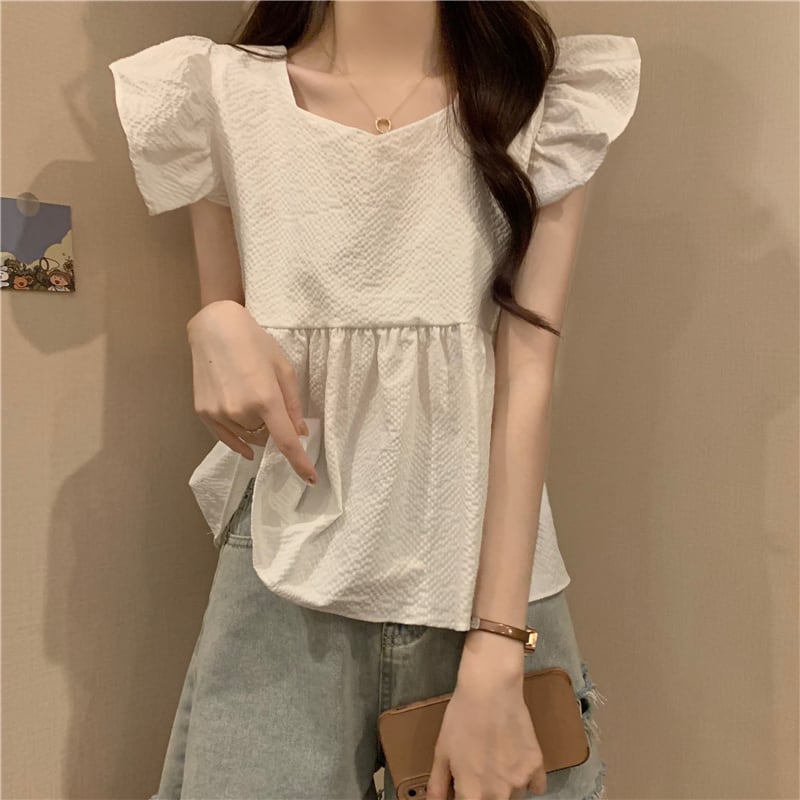 【tops】5色フレンチスリーブフリルブラウスF7483