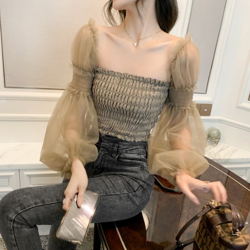 【tops】オシャレ度満点〜2wayオフネックメッシュ切り替え長袖着回し無地ブラウスF0566