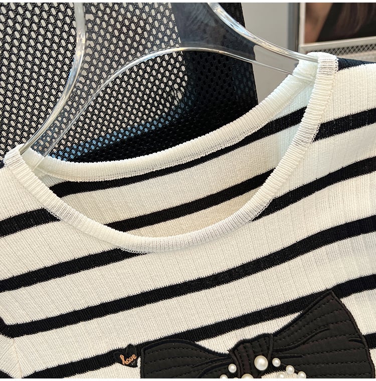 【tops】ビーズリボンニットTシャツG21546