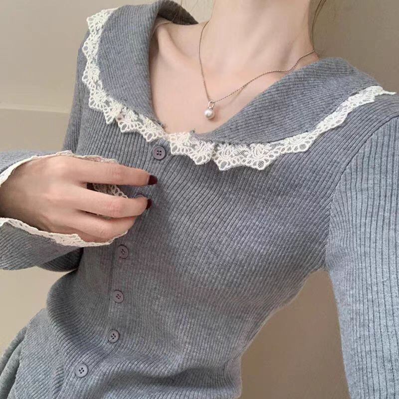 【tops】レース切り替えニットカーデ　M27552