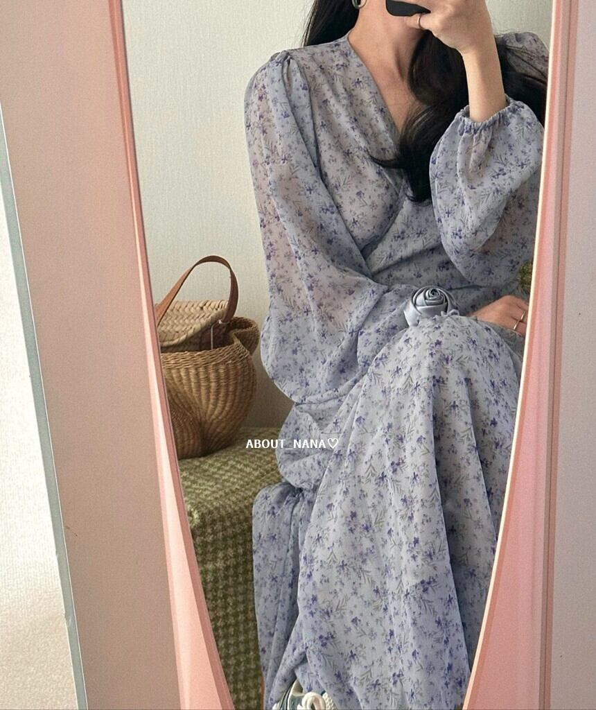 【dress】Vネックシフォン花柄ワンピース G20929