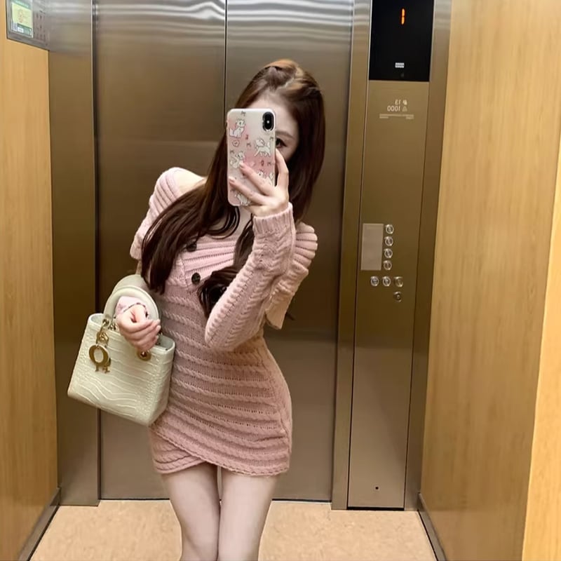 【dress】オフショルダーニットワンピース Q7816