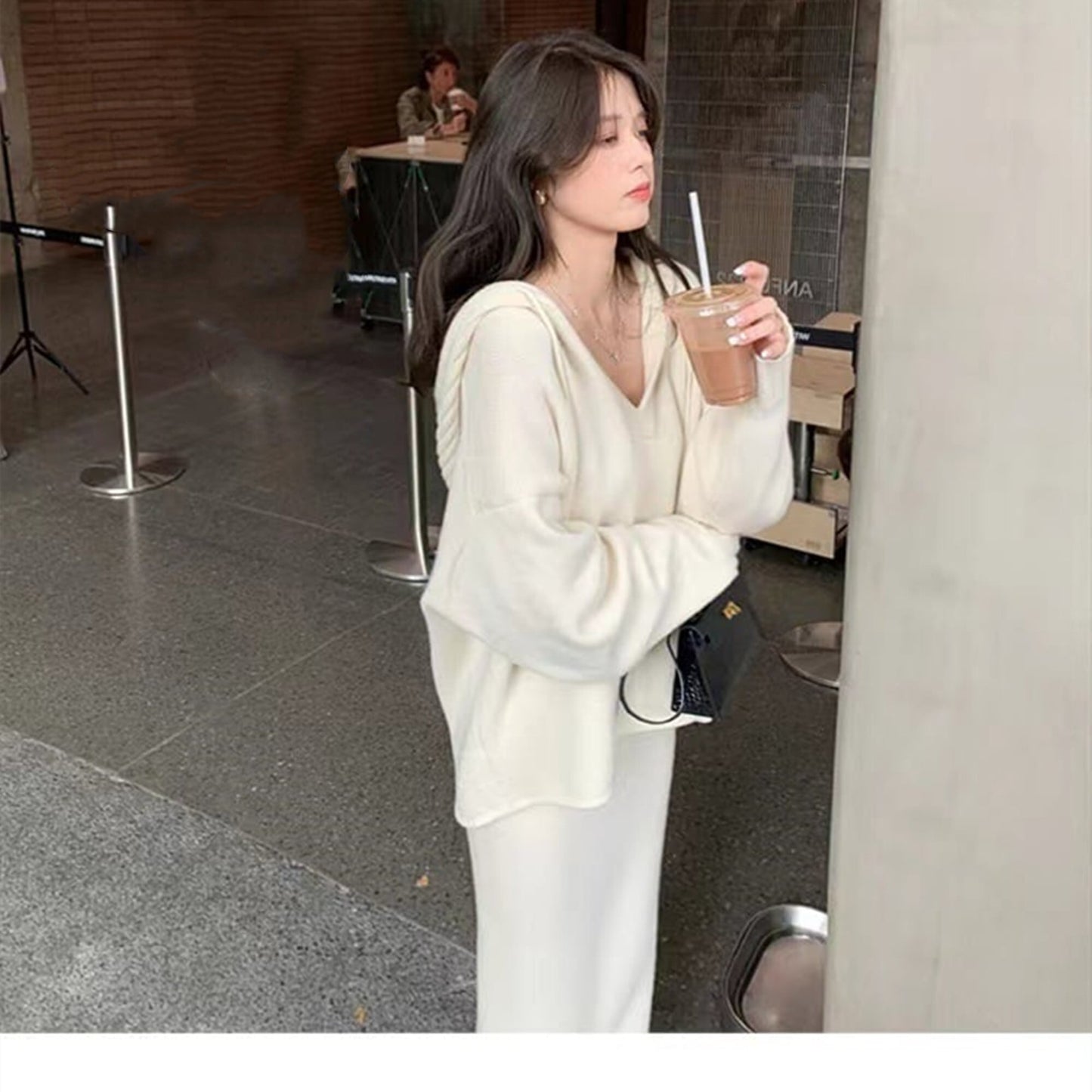 【set】フード付きニットトップス×スカートセット　N-1262