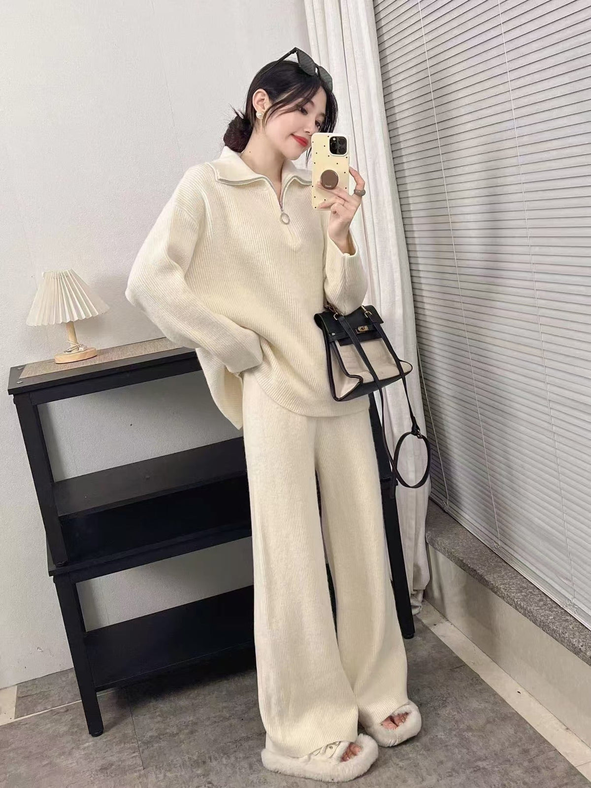 【set】ファスナーニットセーター×ワイドパンツセット　M26225