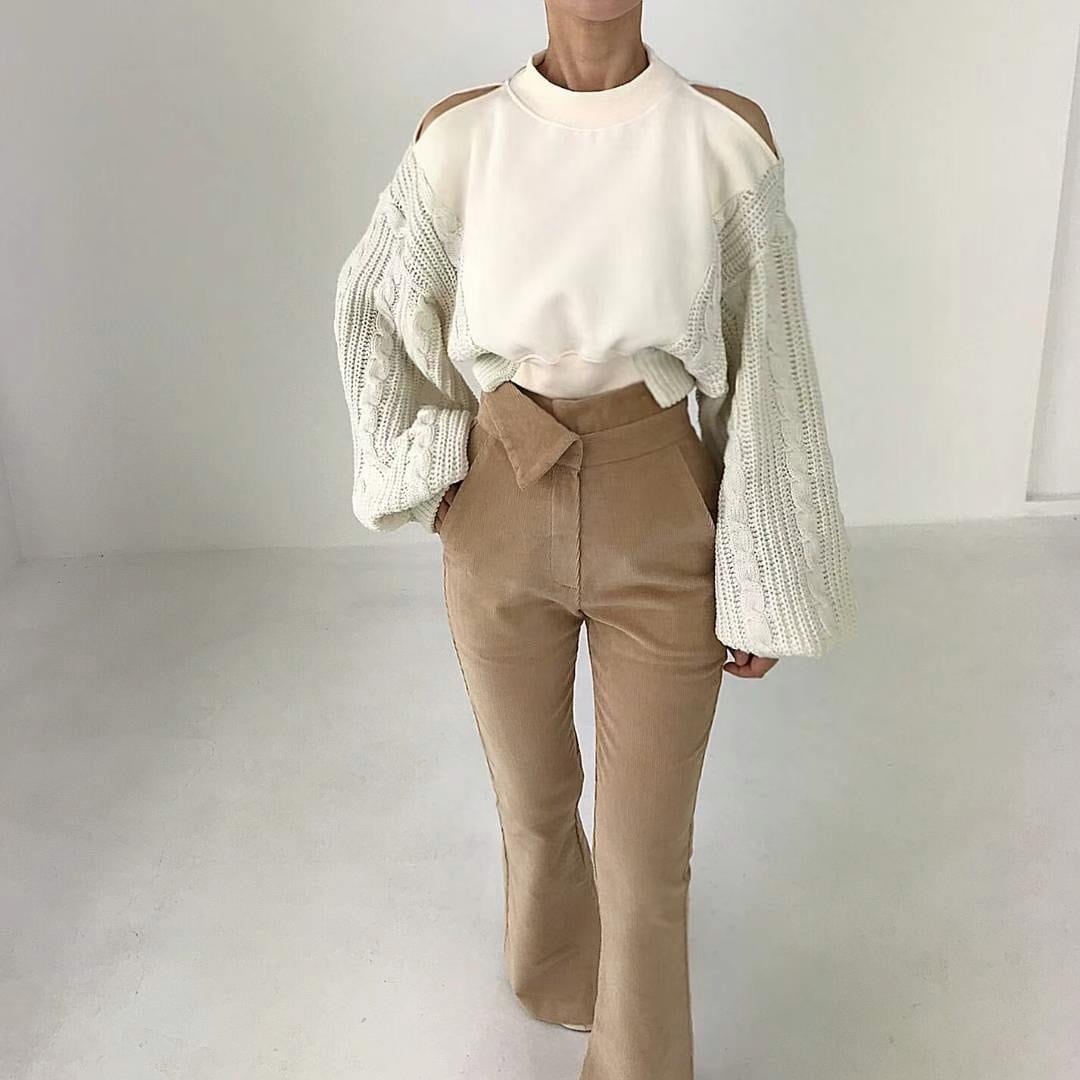 【tops】ニット切り替えオフショルダープルオーバー　M26064