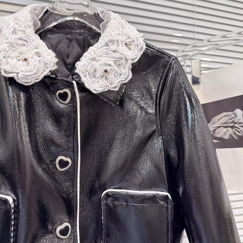 【outer】レースドッキングPU中綿ジャケット Q7336
