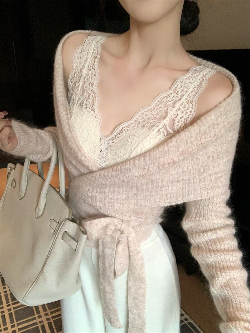 【set】レースキャミソール×ニットセーター×ワイドパンツセット　M28169