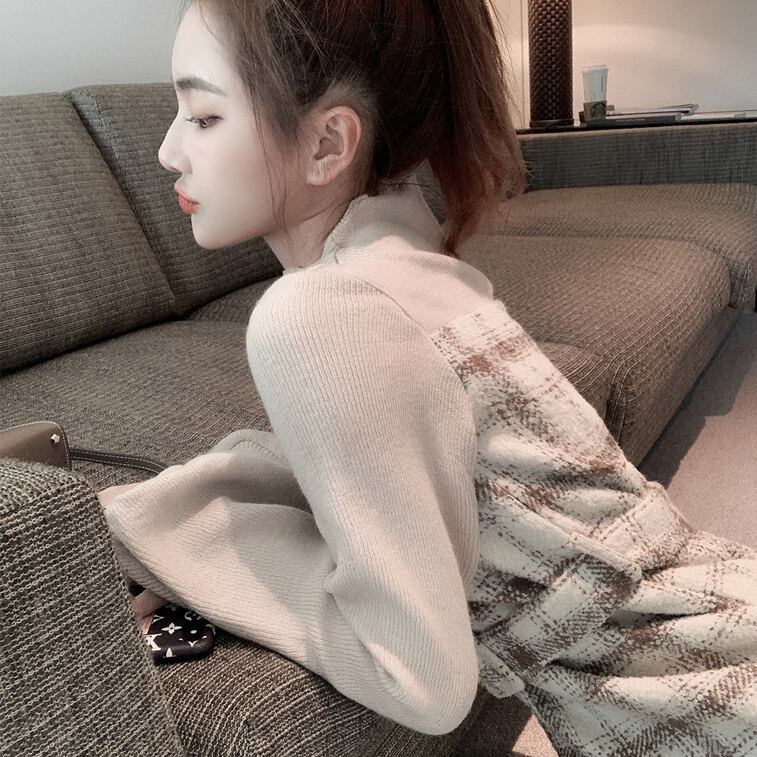 【dress】店長推薦韓国ファッション長袖ラウンドネック切り替えチェック柄ワンピースF0784