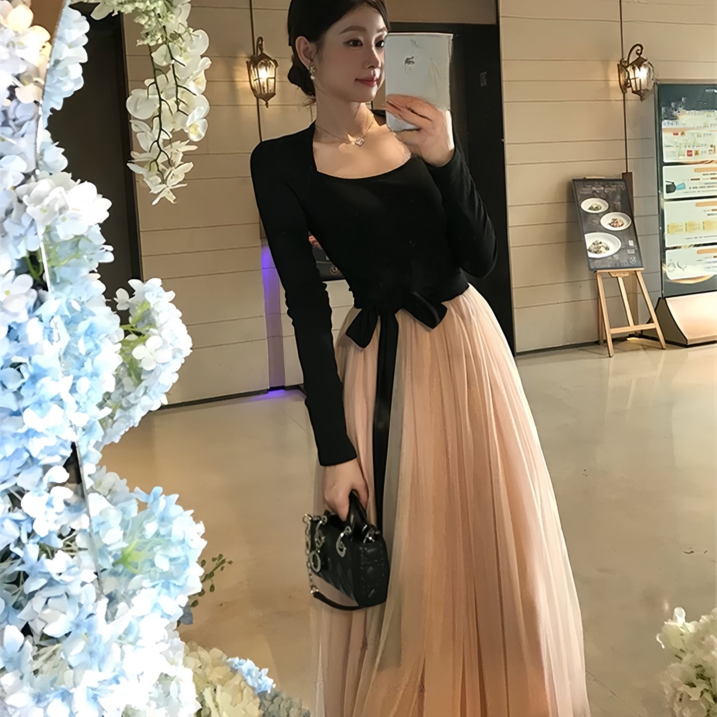 【dress】チュールドッキングロングワンピース　N3439