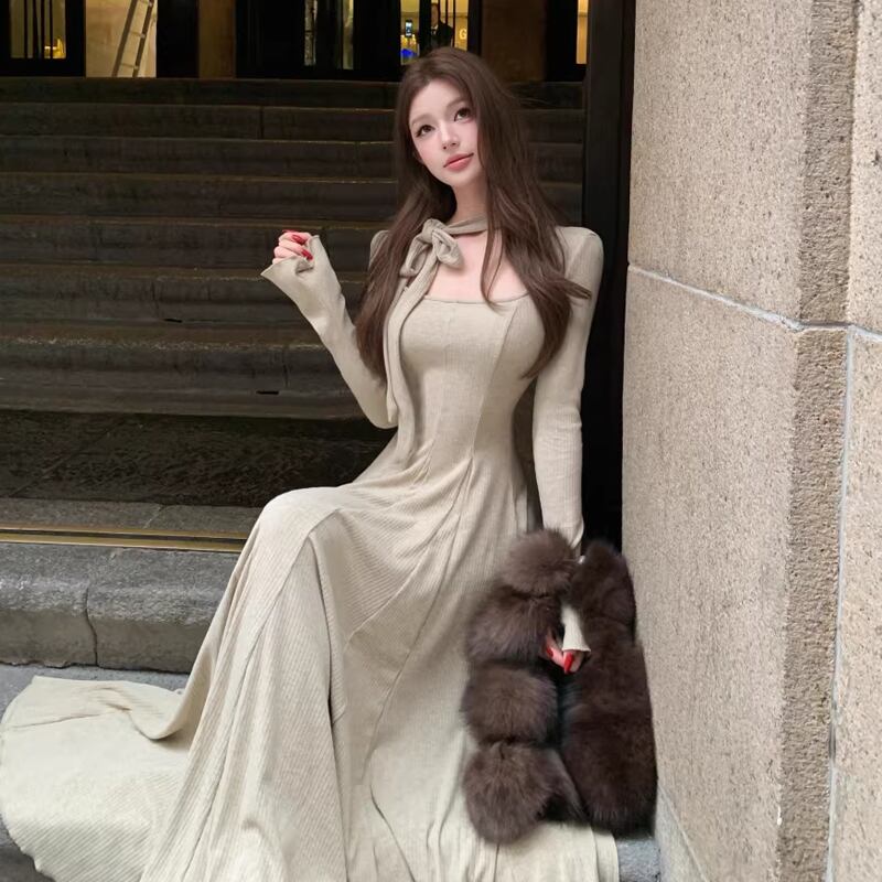 【dress】スクエアネックロングニットワンピース Q8200