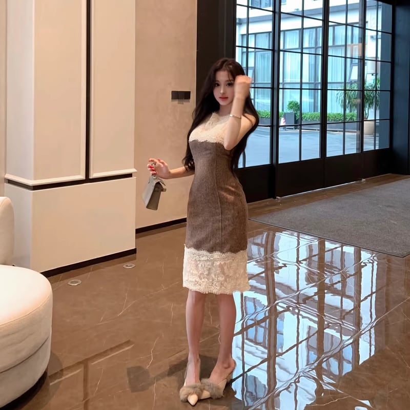 【dress】ノースリーブレースドッキングワンピース Q8023