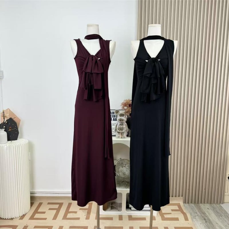【dress】スカーフ付きノースリーブリボンロングワンピース Q7817