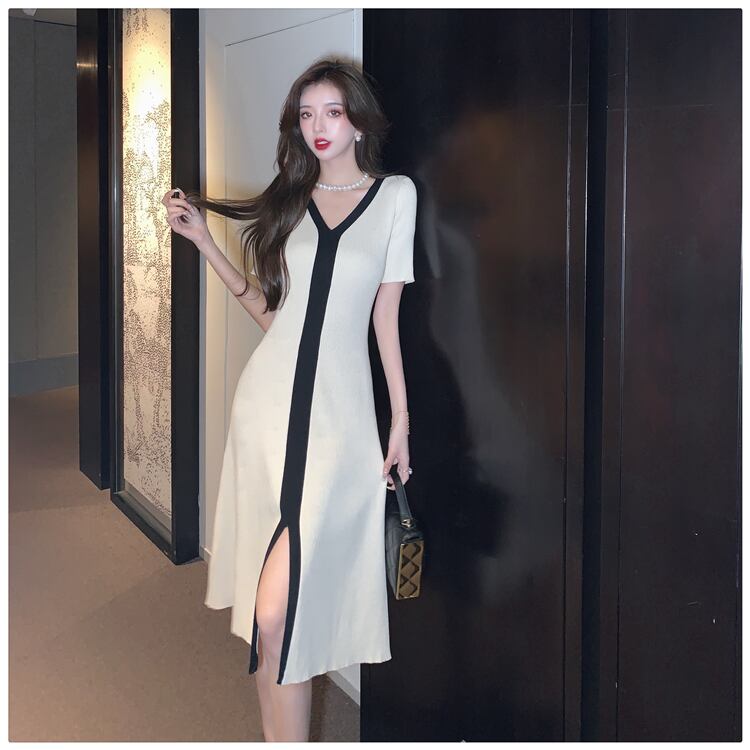 【dress】人気を獲得Vネック気質満点夏淑女レディース 体型カバー着痩せニットワンピース G8122