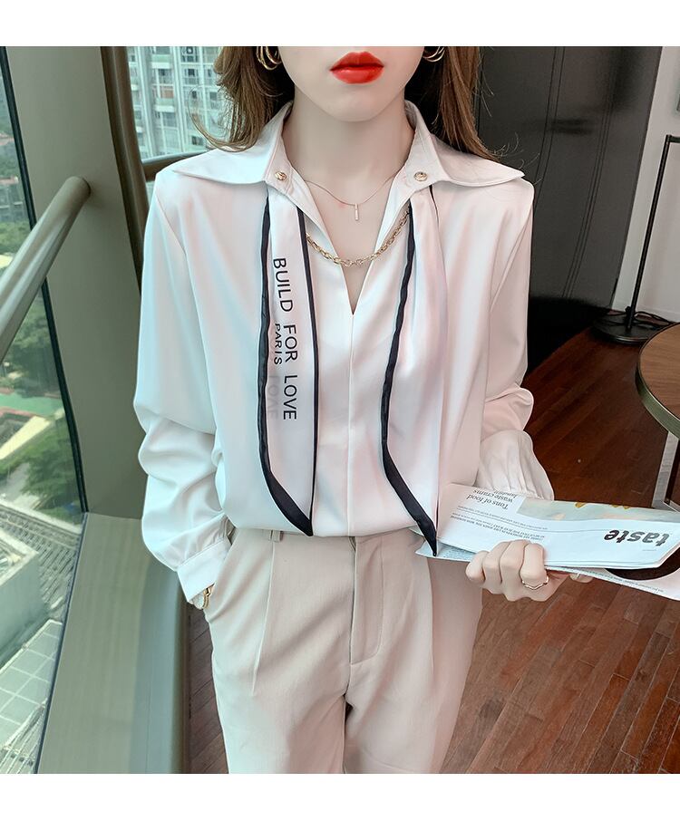 【tops】韓国ファッションラペル長袖無地ファッション着回しOL通勤シャツF0664