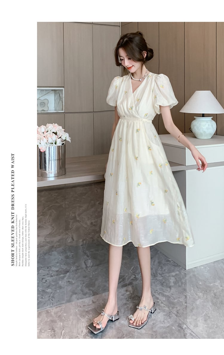 【dress】Vネック花柄パフスリーブワンピース G21582