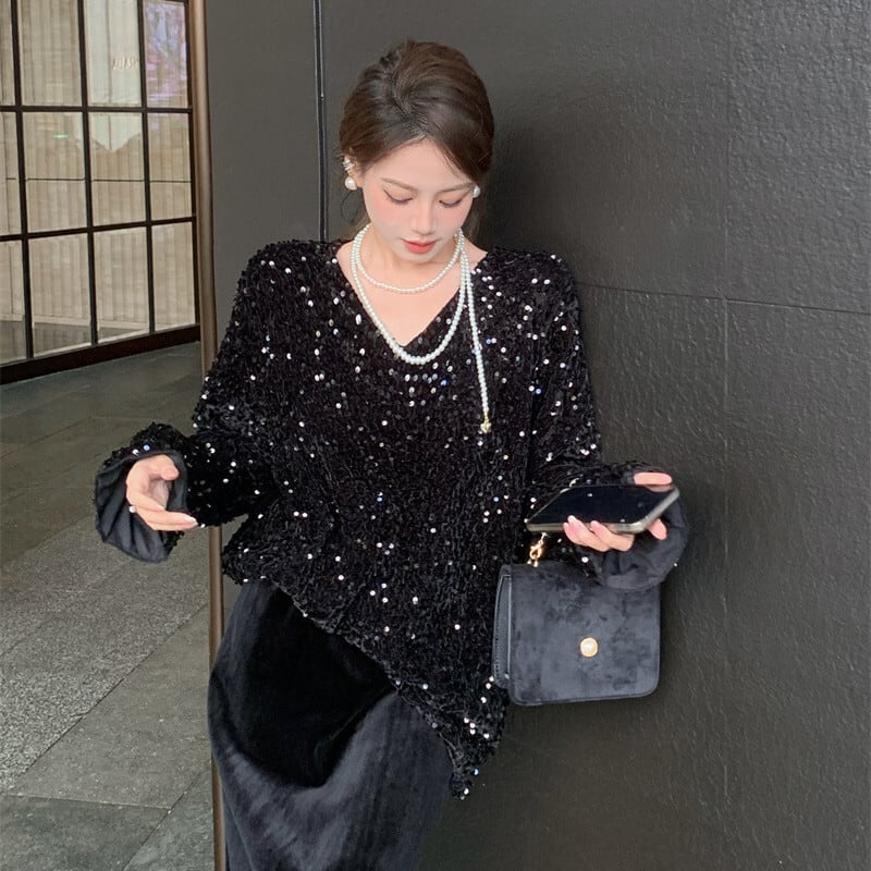 【tops】スパンコールVネックトップス　M28576