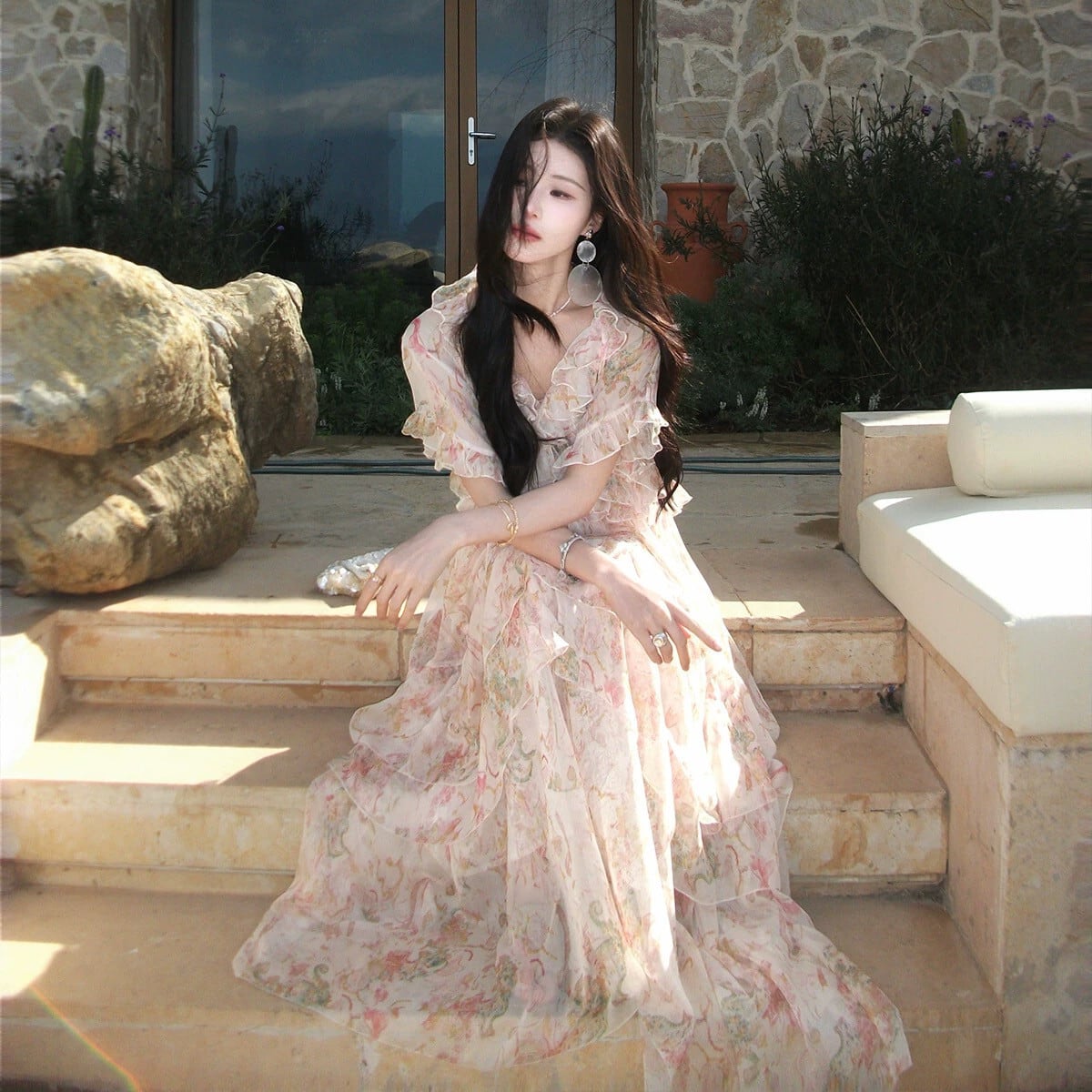 【dress】フリルプリントロングワンピース  N3575