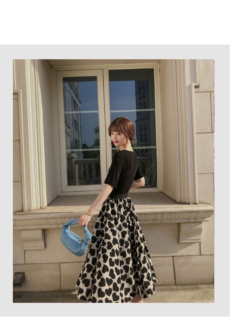 【bottoms】ハート柄Aライン花柄レディースファッションOL通勤ミッドウエストスカート