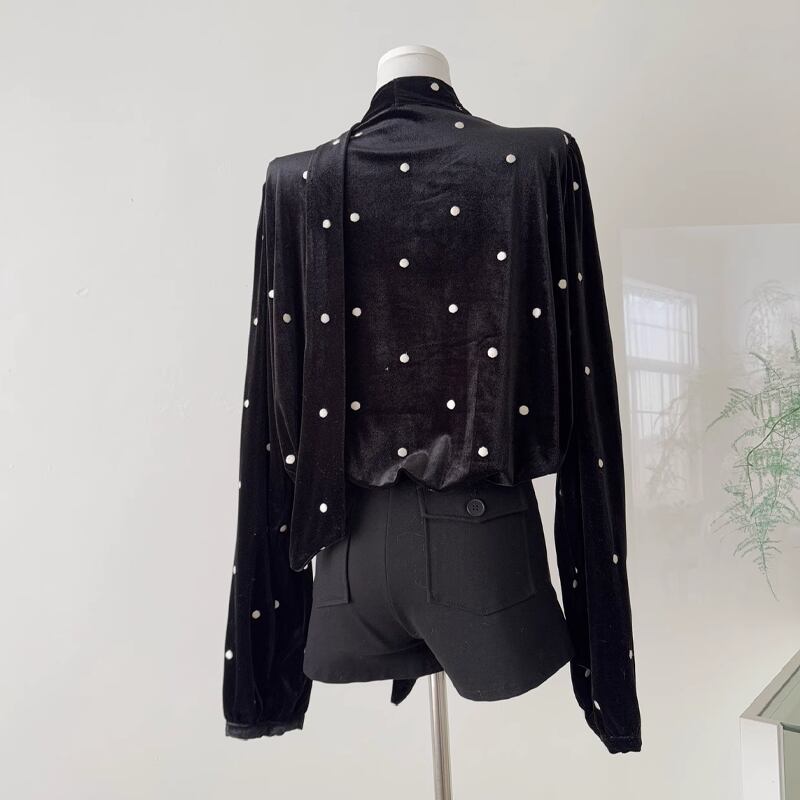 【tops】Vネックドット柄ベルベットトップス Q7399