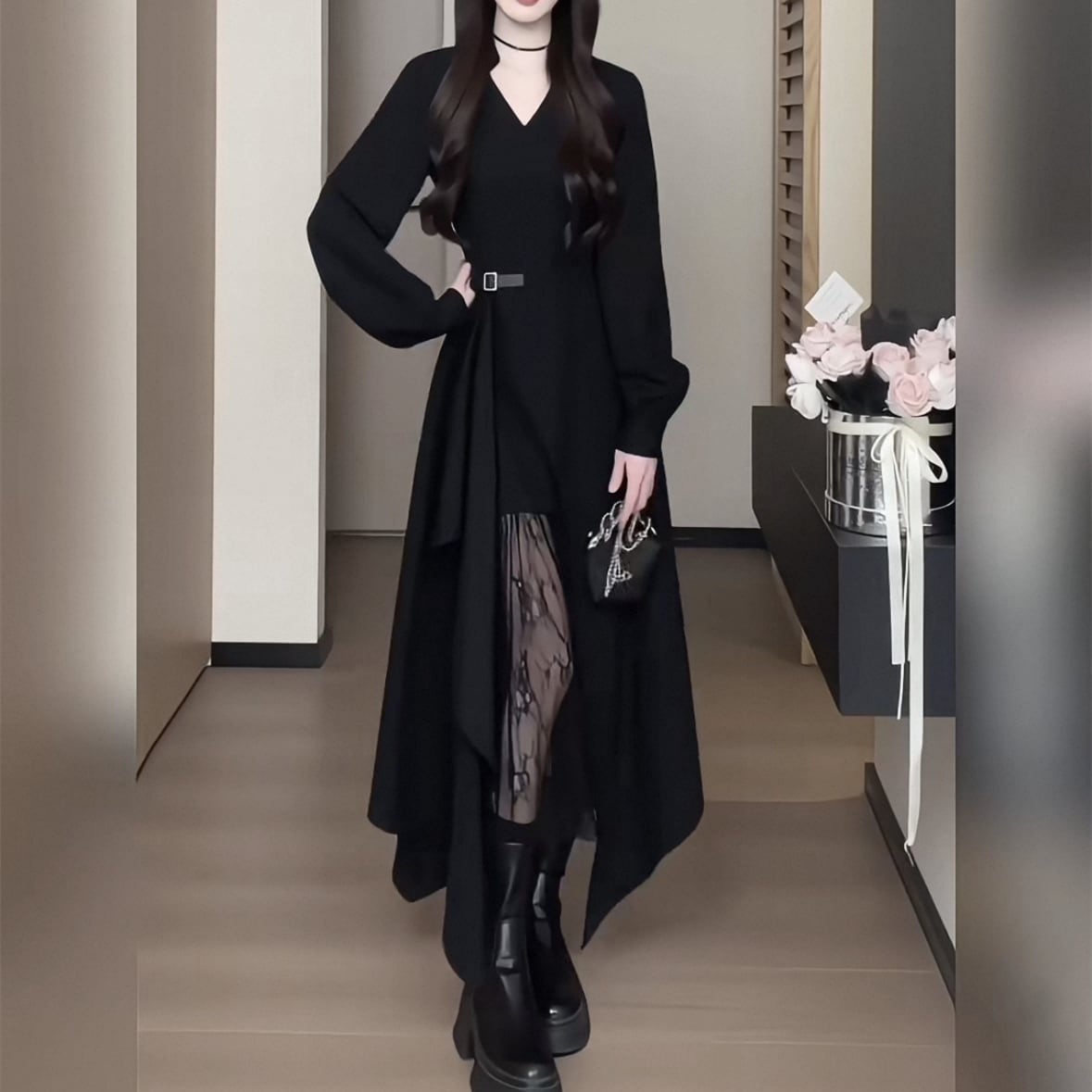 【dress】レースドッキングイレヘムワンピース　N3296