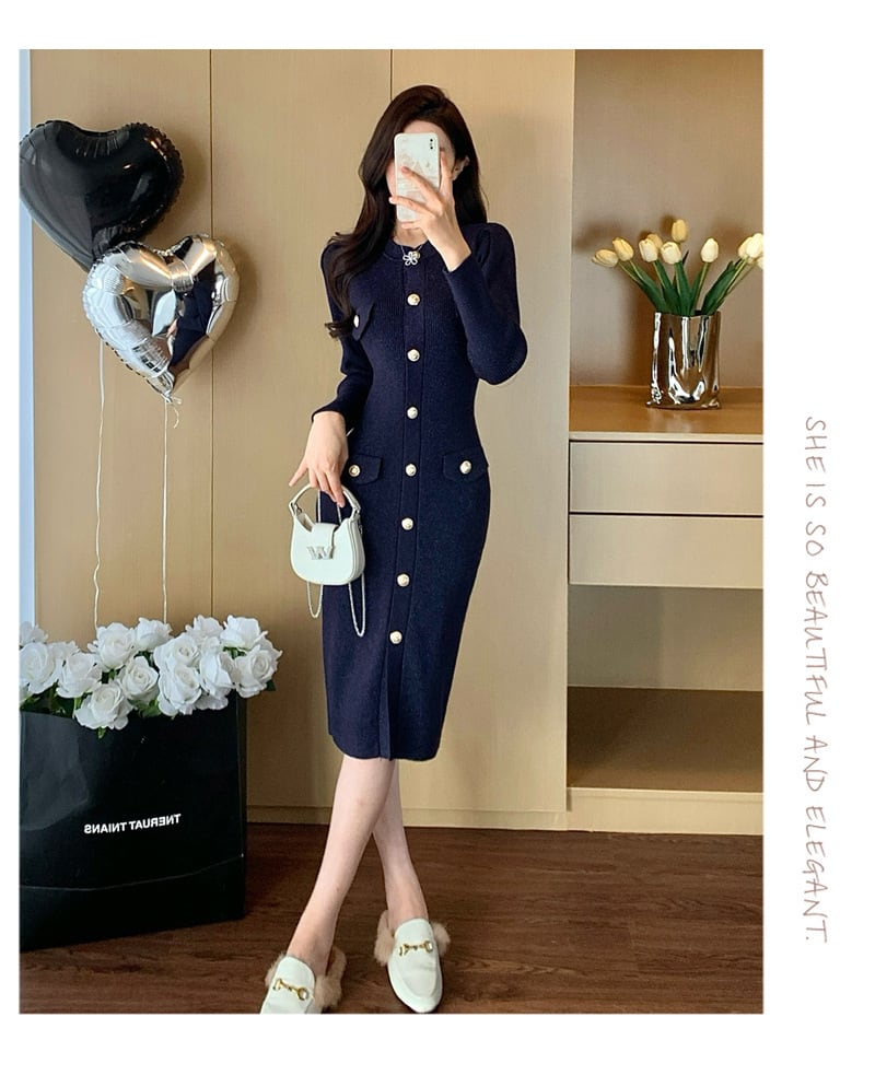 【dress】ボタンデザインニットワンピース　M28382
