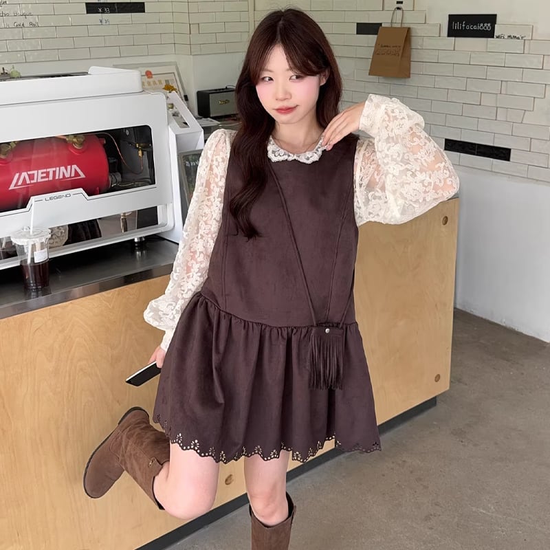 【set】レーストップス×スエードベストワンピースセット Q8132