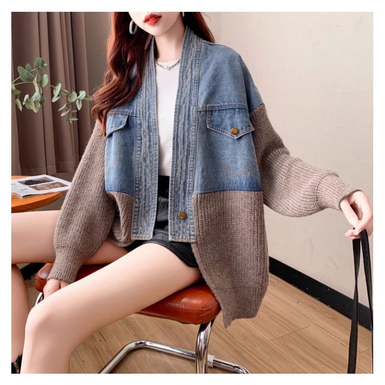 【outer】デニム切り替えニットカーデ　M25746