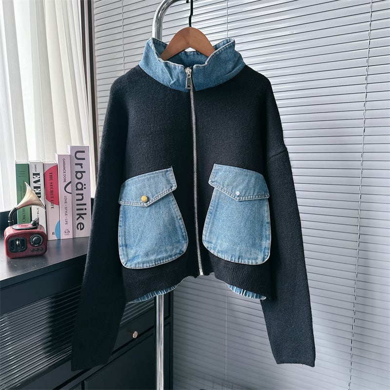 【outer】デニム切り替えニットカーデ　M25783