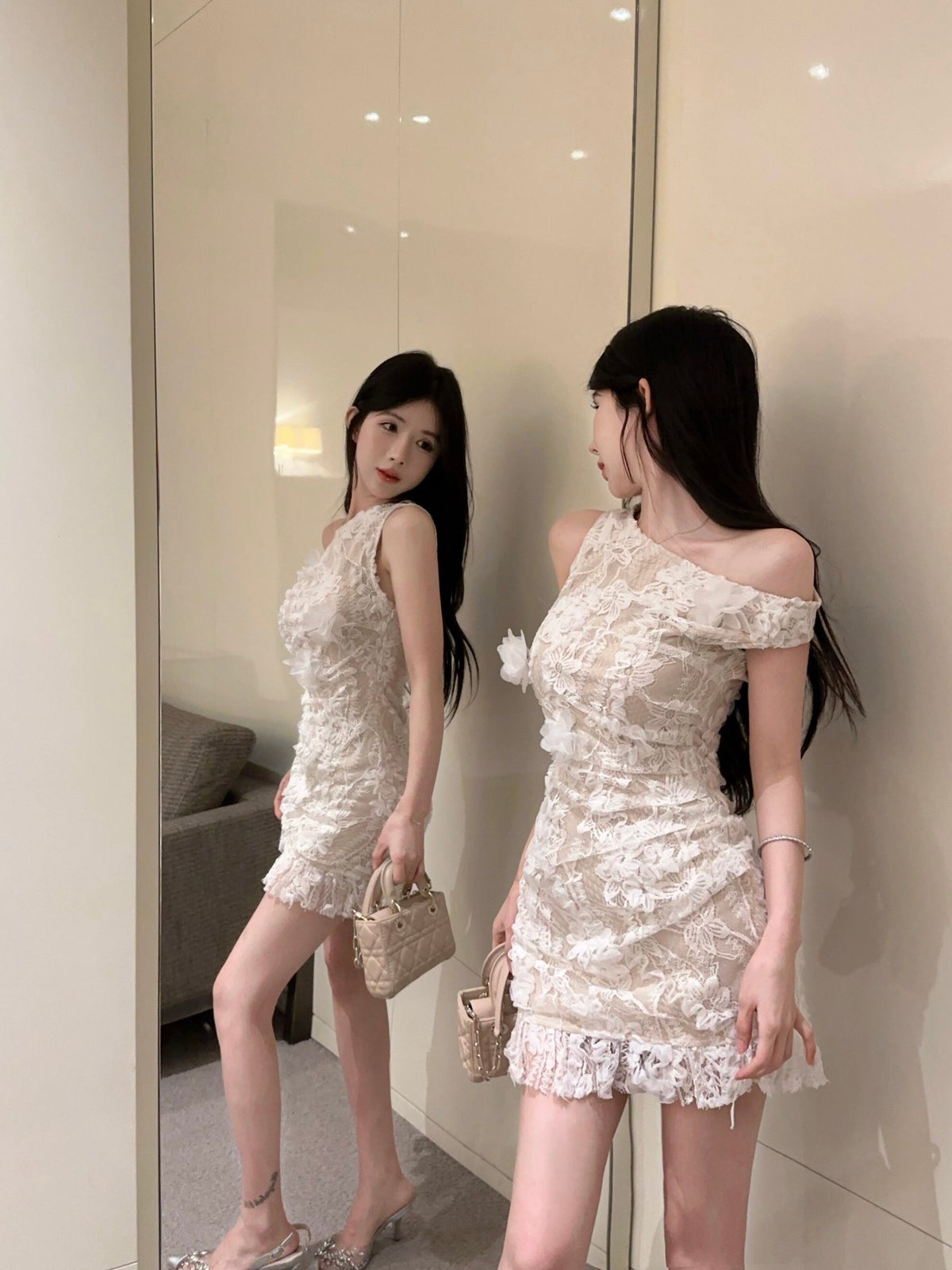 【dress】オフショルダー刺繍レースワンピース　M30262