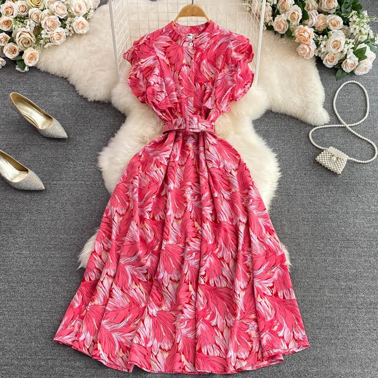 【dress】オシャレ度満点〜夏新作海旅行4色バンドカラー花柄配色シフォンワンピースF5110