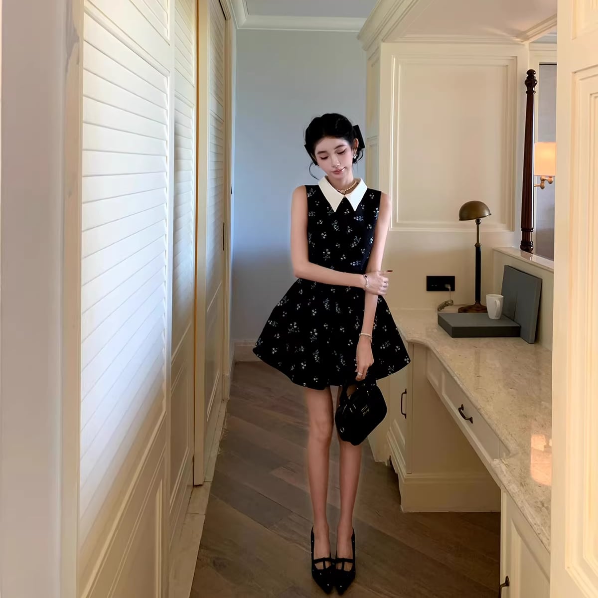 【dress】ノースリーブ花柄フレアミニワンピース Q8413