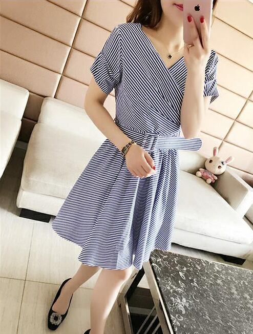 【dress】夏高級感気質満点レトロスウィートストライプ柄着痩せ ワンピース G1036