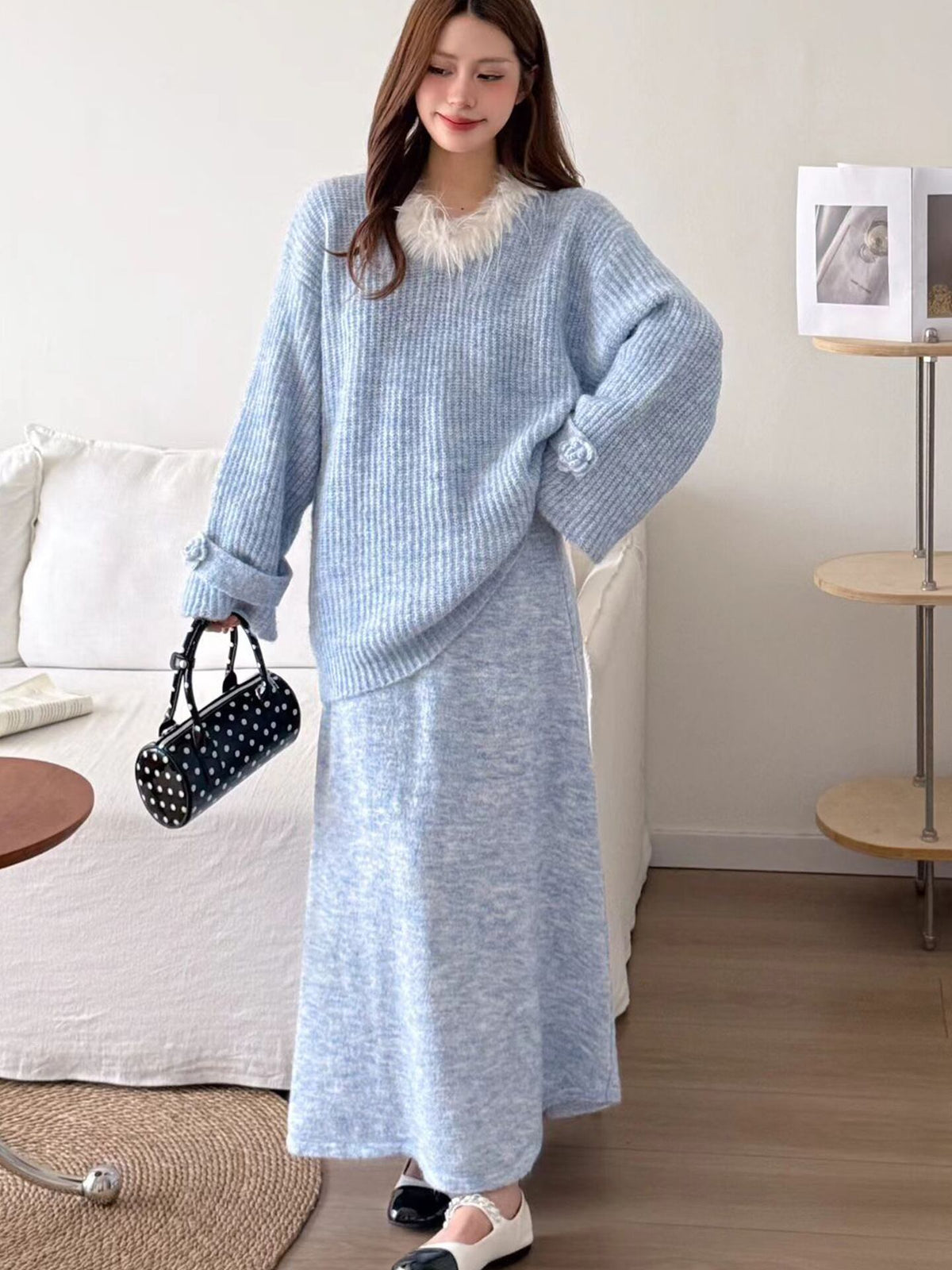 【set】ファーネックニットトップス×ロングスカートセット Q6956