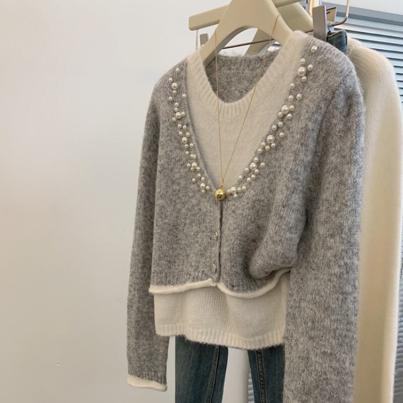 【tops】パールドッキングニットセーター　M29136