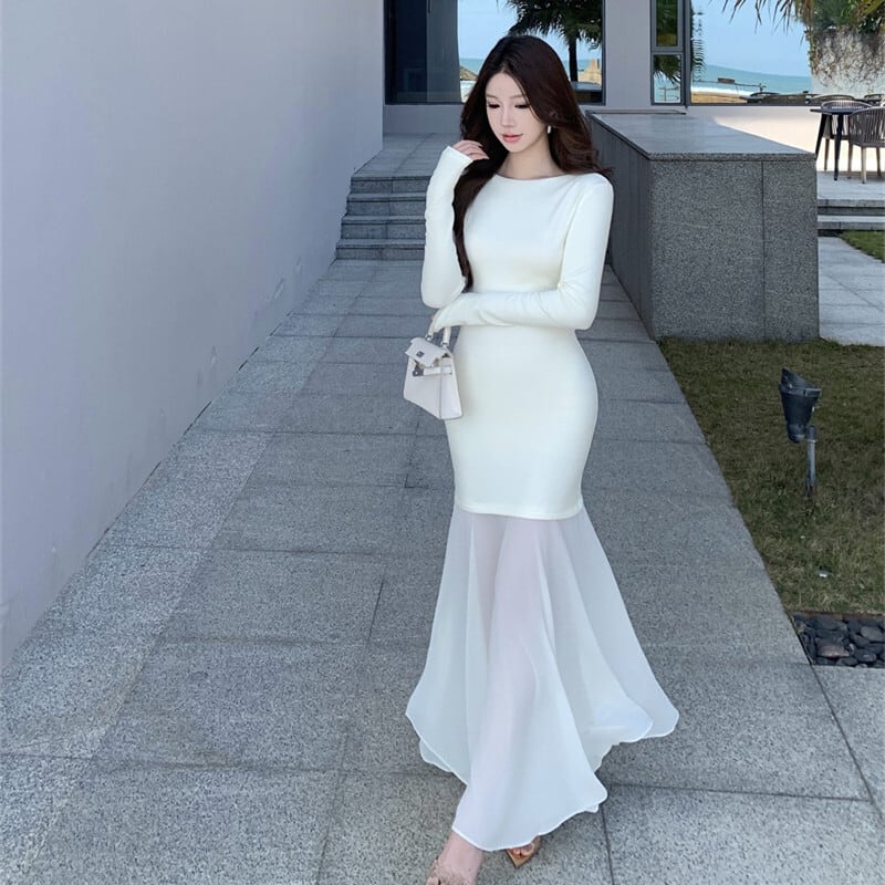 【dress】チュールコンビボートネックマーメイドワンピース　M29764