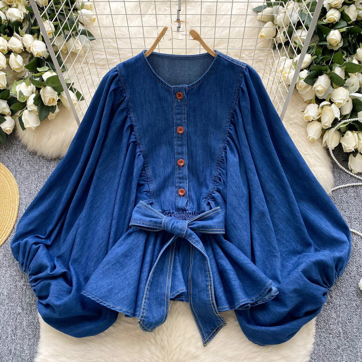 【tops】ランタンスリーブデニムシャツ　M29723