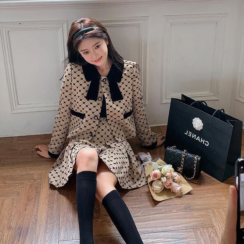 【set】気質満点チェック柄リボンアウター+スカートオシャレ２点セット G3106