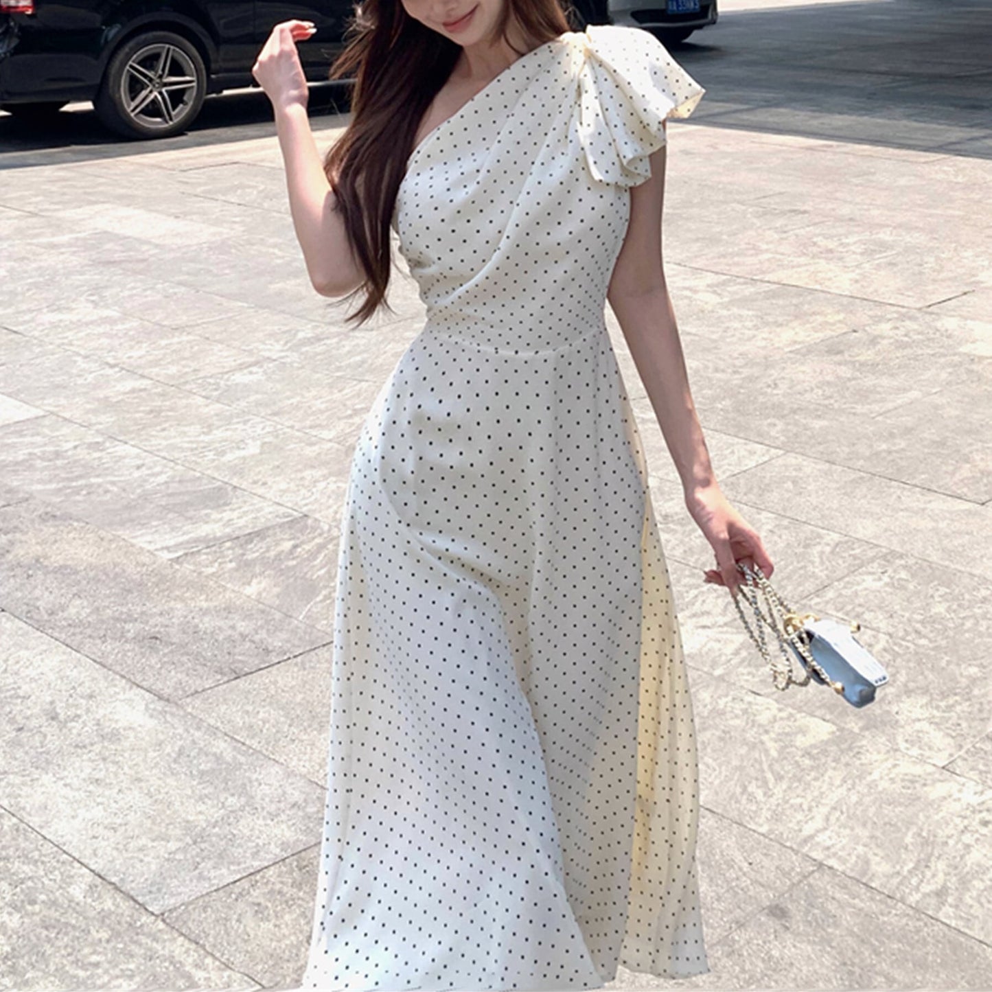 【dress】ワンショルダーリボンドット柄ワンピース　N3045