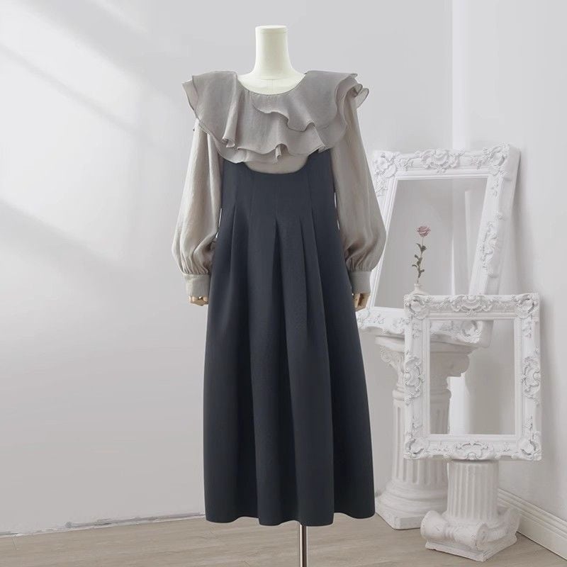 【set】フリルブラウス×サロペットスカートセット　N2073