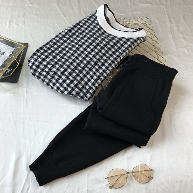 【set】着心地良い気質満点レトロINS風ルーズニットトップス+パンツ２点セット G3138