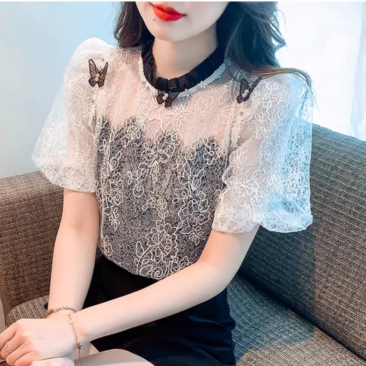 【tops】ラウンドネックレースパフスリーブTシャツG21764