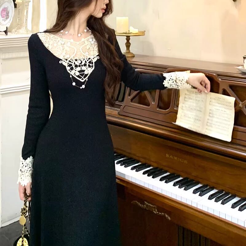 【dress】レースドッキングニットワンピース Q6862