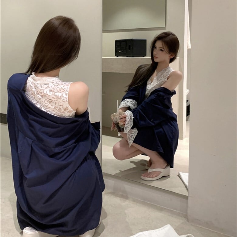 【set】UVカットシャツ×レースノースリーブトップスセット　N2685