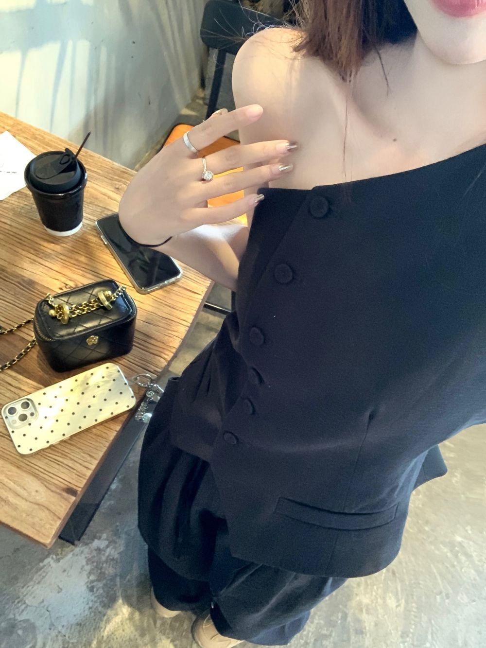 【set】オフショルダーベスト×ワイドパンツセット　M24955