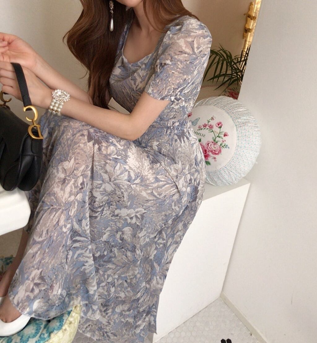 【dress】エレガント!気質満点レトロ韓流スタイルスクエアネックワンピース G6762