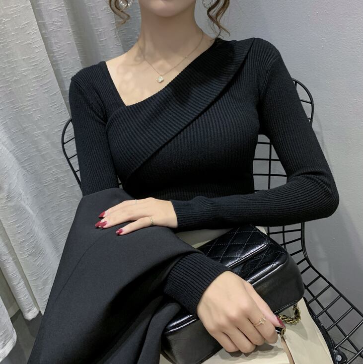 【tops】早い者勝ち! 長袖オブリークネック韓国ファッション着回しゆったりニットセーターW0782