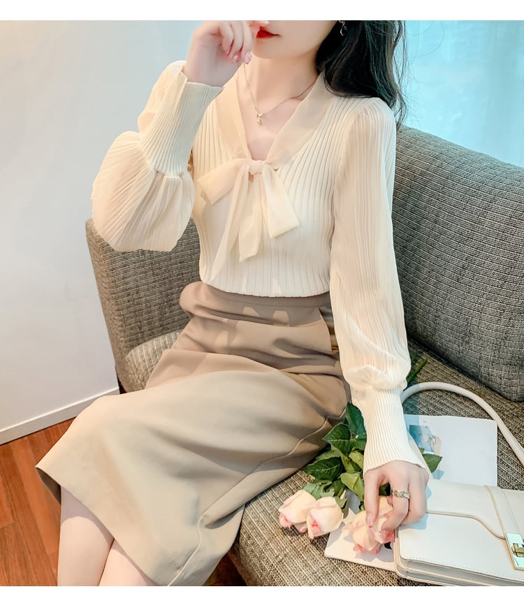 【tops】Vネック切り替えニットブラウスG16806