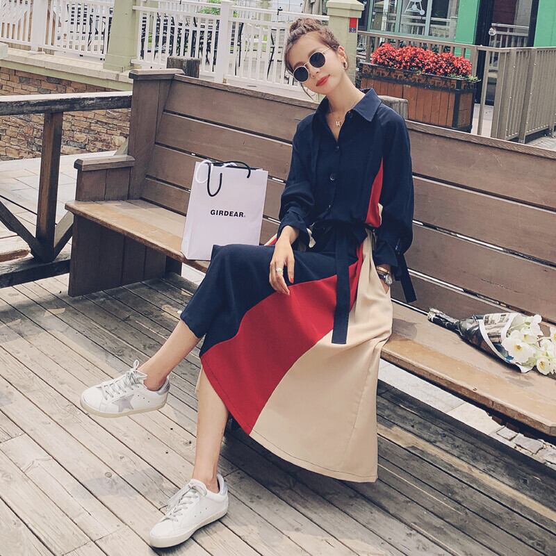 【dress】気質満点POLOネックスウィート長袖デザイン着痩せワンピース G1510